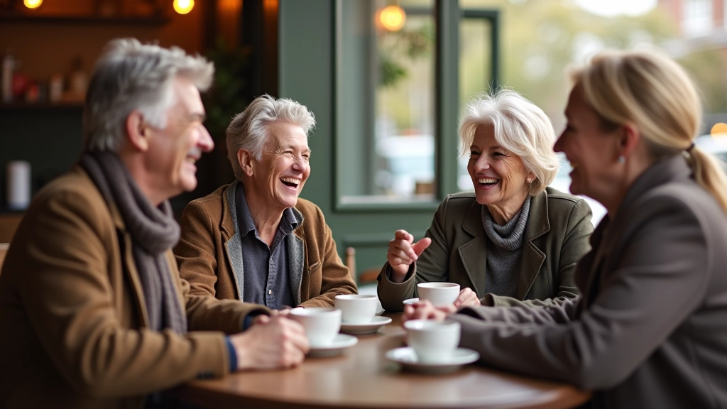 Friends meeting at cafe, laughing together, relaxed atmosphere, outdoor seating, natural light