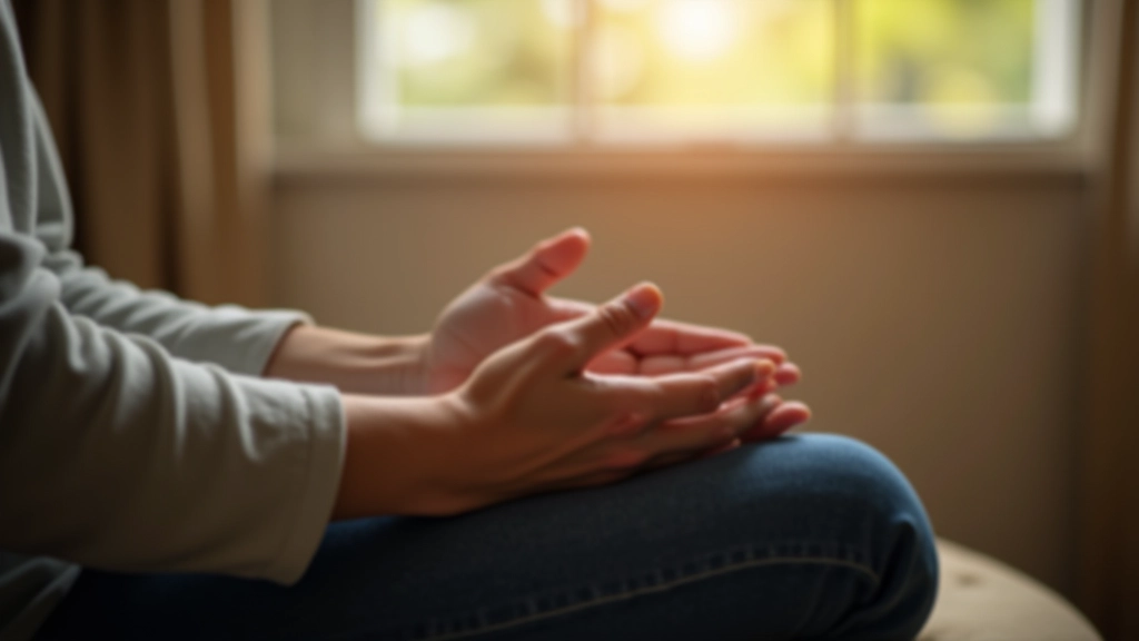 Close-up of hands in prayer position on lap, person practicing breathing exercise in calm seated position with natural light