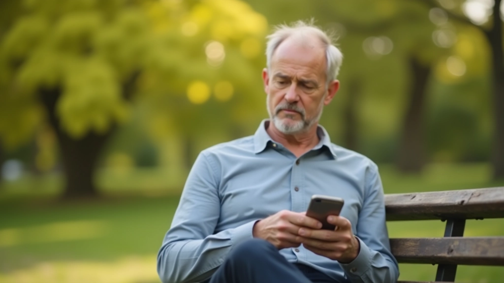Man sitting in park on a bench, phone in hand, outdoor natural setting with trees and grass, peaceful moment