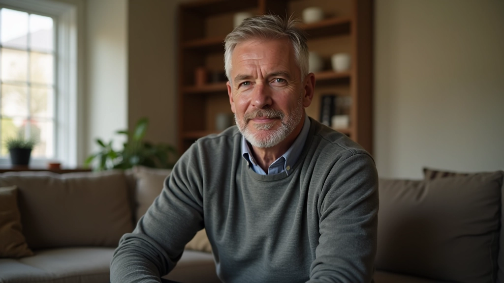 Mature man reflecting peacefully in comfortable home setting, representing emotional well-being and mindful living