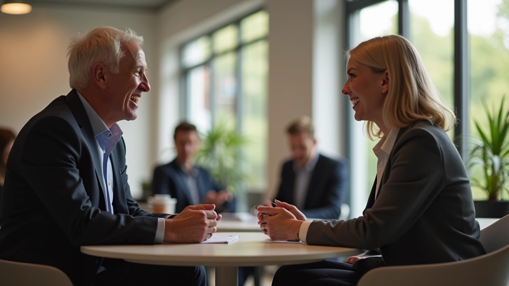 Two people having a friendly conversation in a modern office setting