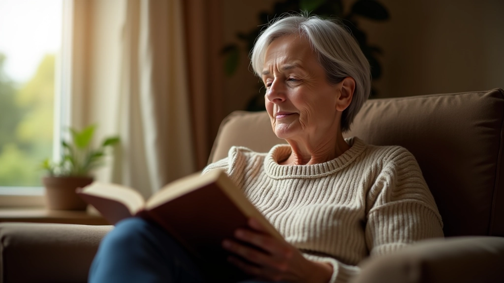 Person reading book in comfortable chair by window, warm natural light, peaceful home environment