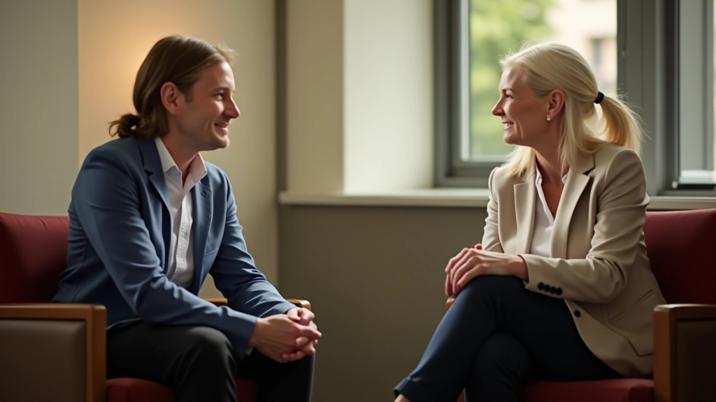 Two people in professional setting having supportive conversation at coffee table, therapist and client in calm office environment