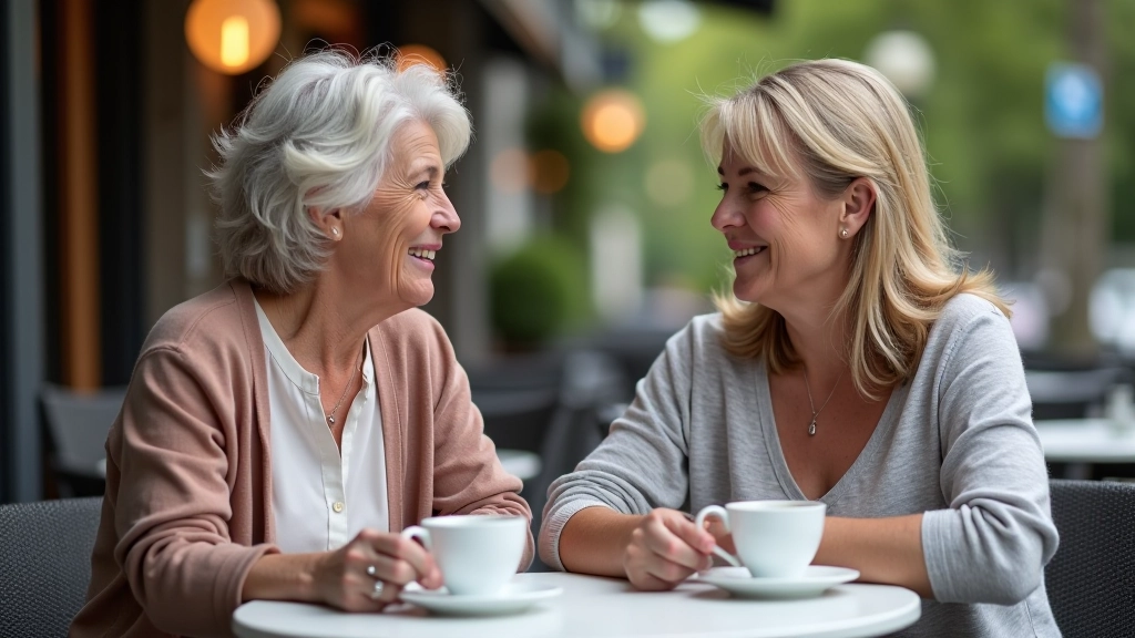 Two women sitting at a café table having coffee and conversation, warm natural lighting from window, focused engagement
