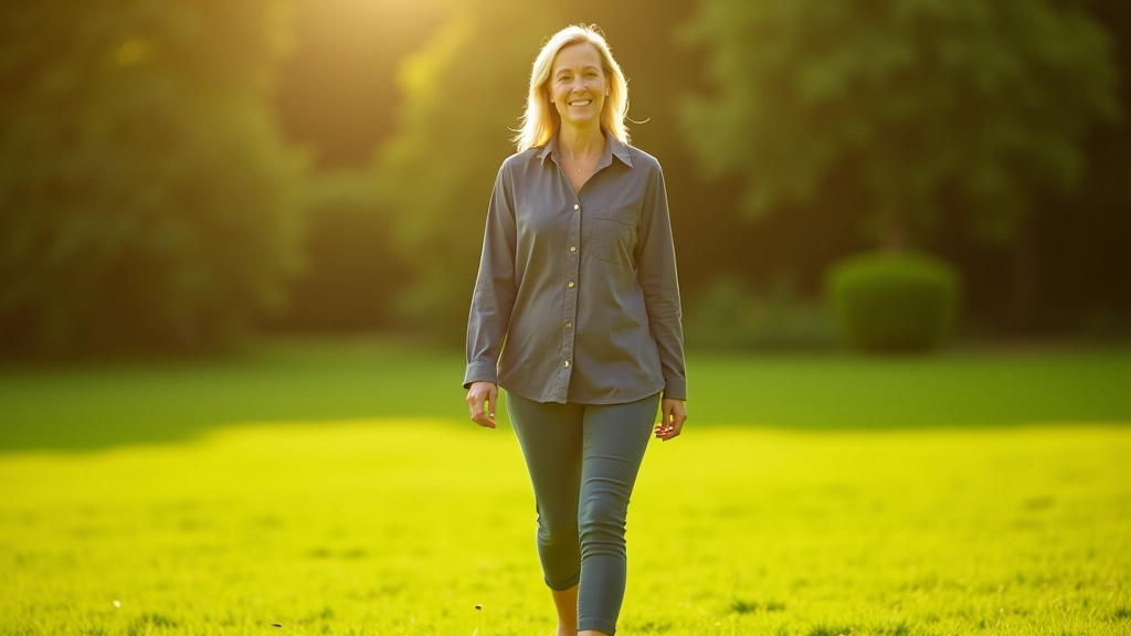 Woman in nature walking barefoot on grass, grounding herself outdoors in park setting with natural light