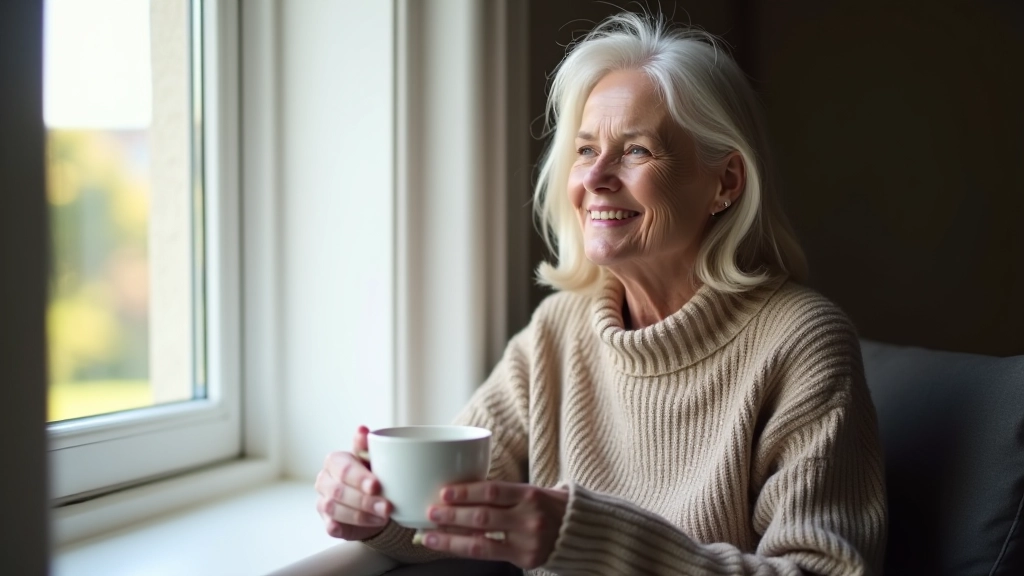 Woman sitting at window with coffee cup, looking peaceful and contemplative during morning light