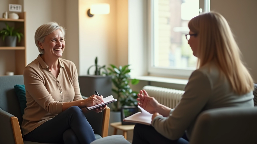 Woman in coaching session, smiling, sitting in comfortable chair, natural daylight from window