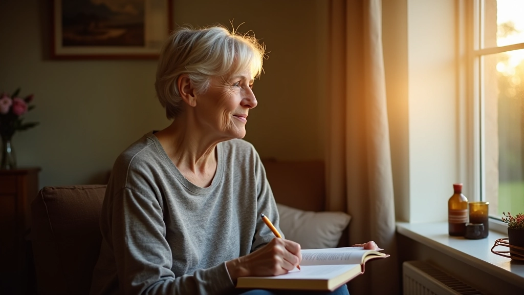 Person journaling by window, pen in hand, thoughtful expression, peaceful indoor setting